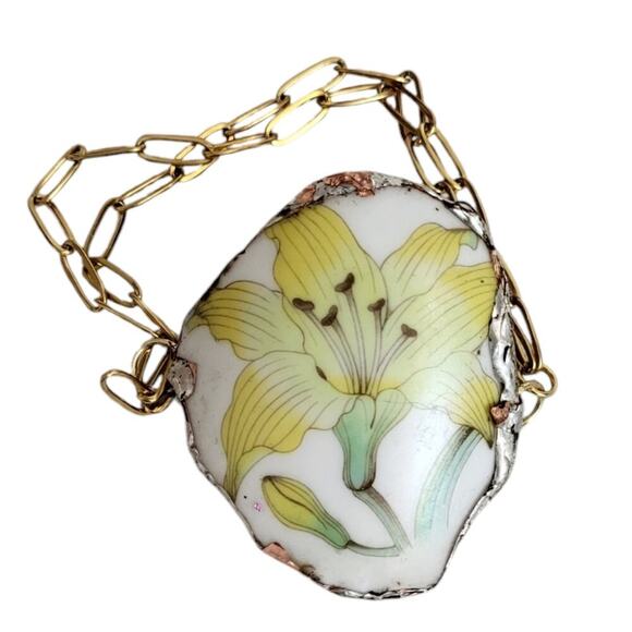 Hand Crafted Jewelry - Broken China Bell Yellow Lilly Gold-Plated Paperclip Link Chains